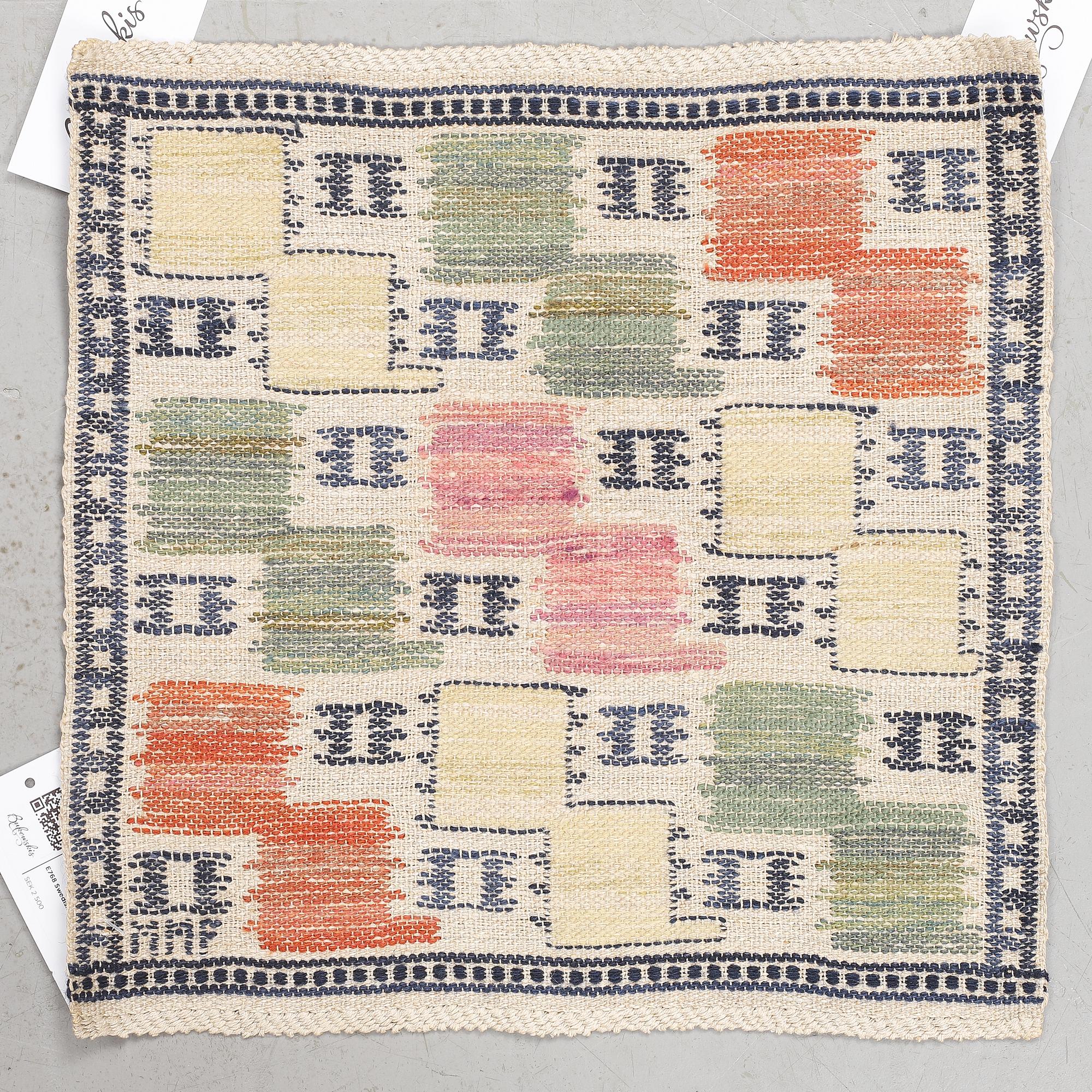 Märta Måås-Fjetterström, a textile, "Lövendal", flat weave, ca 38 x 38 cm, signed MMF.