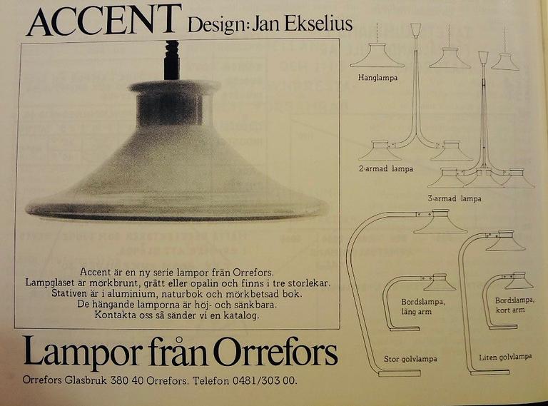 Jan Ekselius, a pair of "Accent" floor lamps, Orrefors, 1970s.