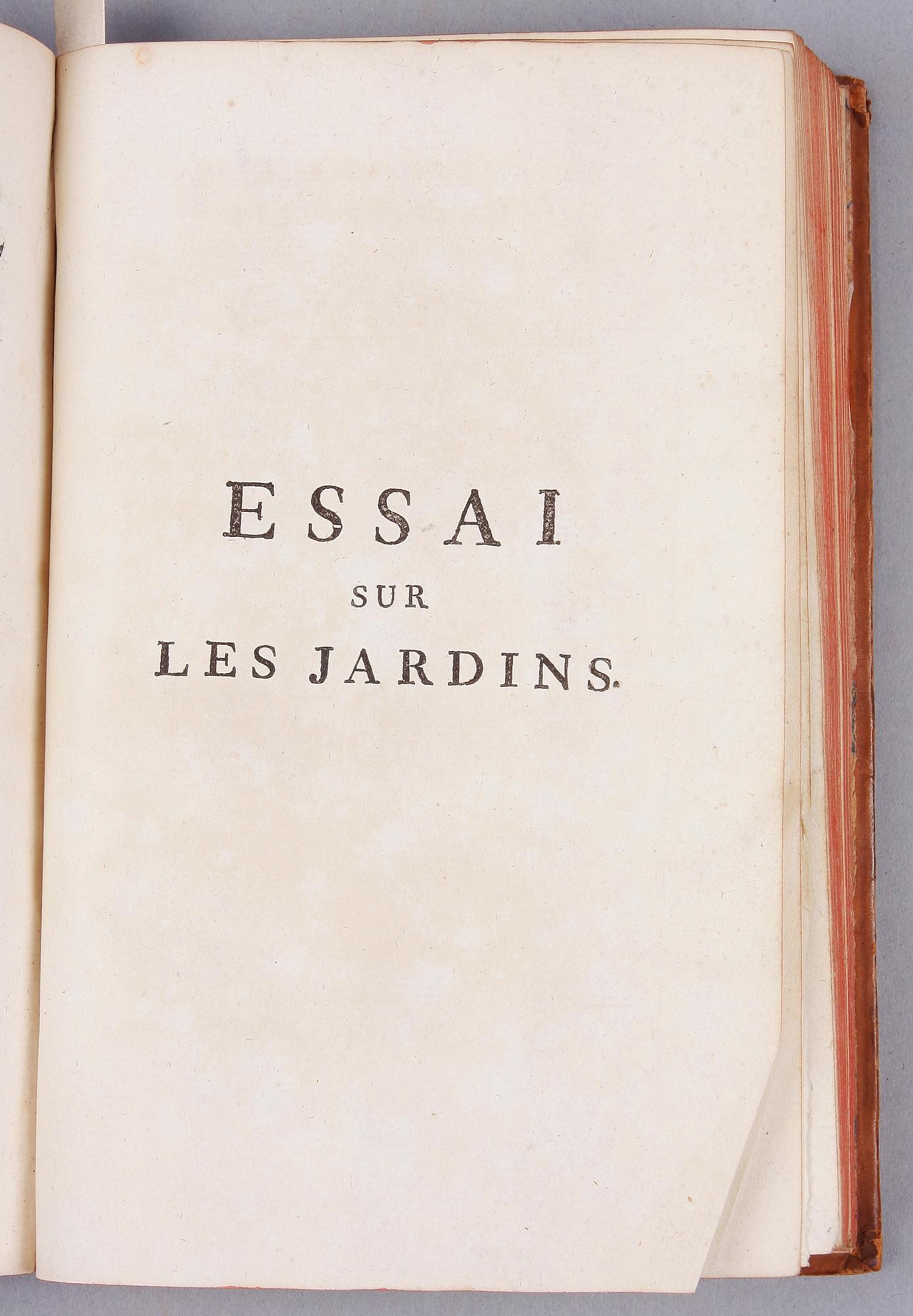 BÖCKER, 2 st sambundna, "Théorie des Jardins" av Jean Marie Morel resp "Essai sur Les Jardins" av M. Watelet. 1776 resp 1774.