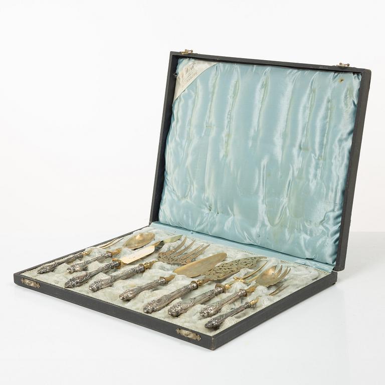 Serving cutlery, 9 pieces, silver, Rococo style, Germany, circa 1900.