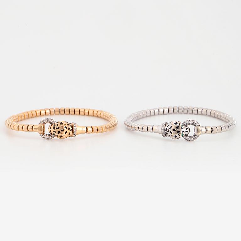 Two panther stretchy white gold and rosé gold with brilliant-cut diamonds.