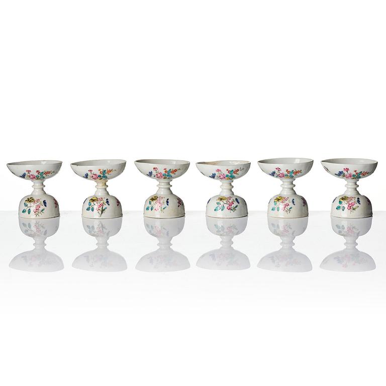 A set of six famille rose egg cups, Qing dynasty, 18th century.