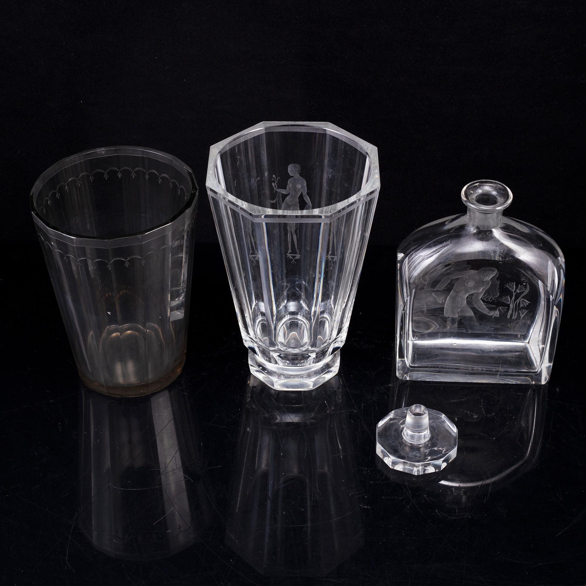 Simon Gate, two glass vases and a decanter, Orrefors.