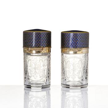 A pair of engraved and glass flacongs with gilt enamelled covers, France/Russia, 19th century.