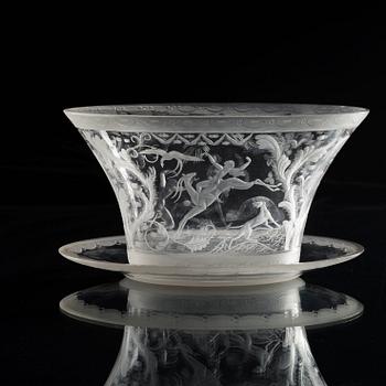 A Simon Gate 'Swedish Grace' engraved glass bowl with stand, Orrefors 1928, model nr 128.