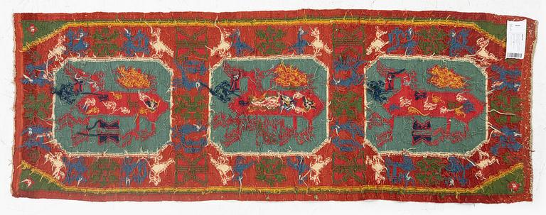 A double-interlocked tapestry carrige cushion, ca 108 x 51 cm, 'Bäckahästen', dated 1788.