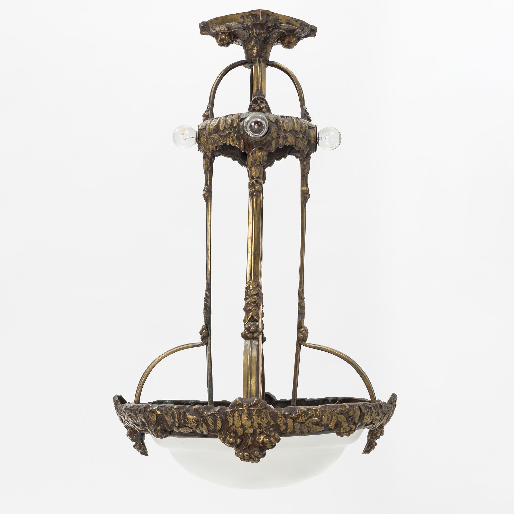 An Art Nouveau glass and brass ceiling light, Arvid Böhlmarks Lampfabrik, early 20th Century.