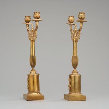 A pair of Swedish Empire early 19th century two-light candelabra.