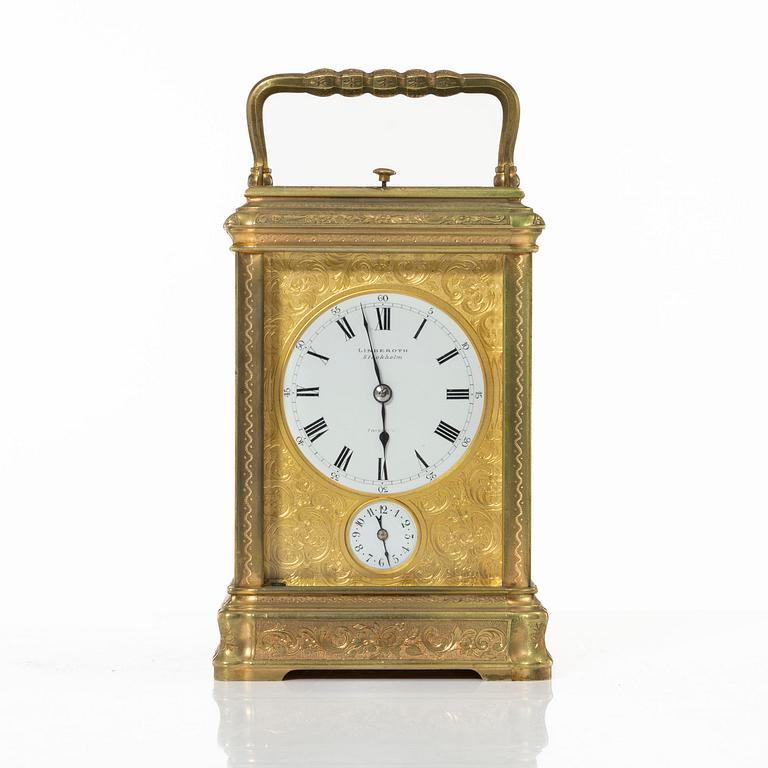 A gilt bronze carriage clock of French manufacture, the dial mark Linderoth, Stockholm, late 19th century/circa 1900.