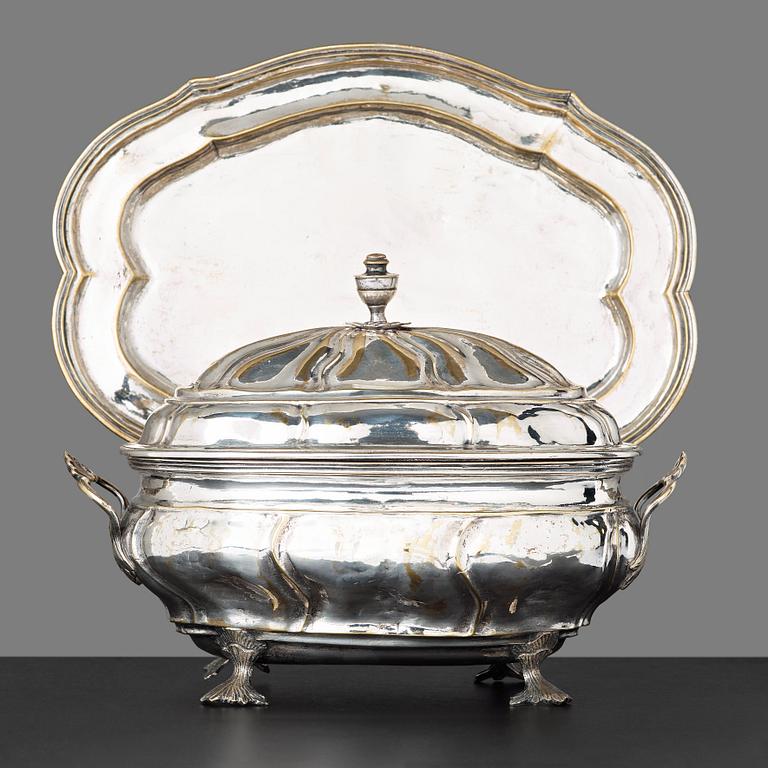 A Rococo tureen with cover and stand by Caspar Liendenberg, Stockholm 1768 (privilege in Stockholm 1745).