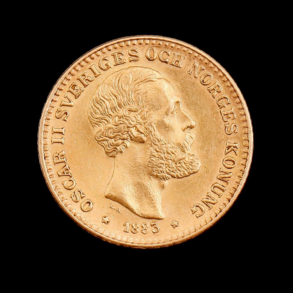 GULDMYNT, 10 kronor, Oscar II, 1883. Vikt ca 4 gram.