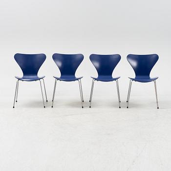 Arne Jacobsen, a set of four model 'Seven' chairs, Fritz Hansen, Denmark, dated 1989.