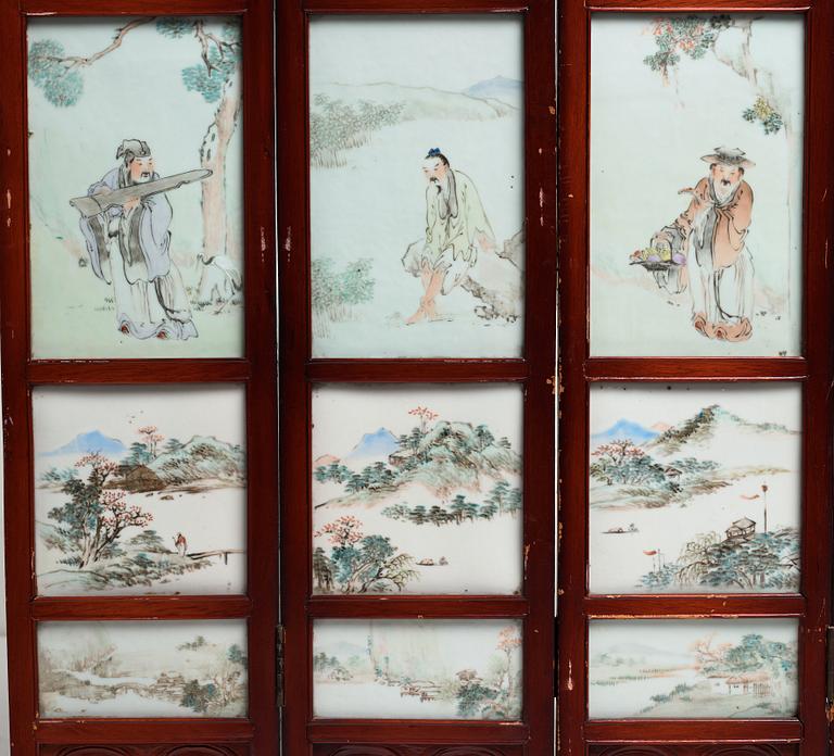 A Chinese folding screen with 48 porcelain tiles, late Qing dynasty, signed Ren Huanzhang, and dated 1881.