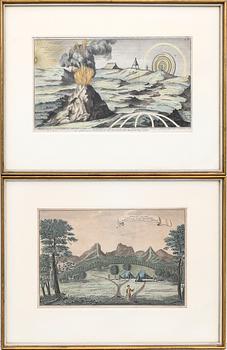 Two hand-coloured copper engravings, 18th century.