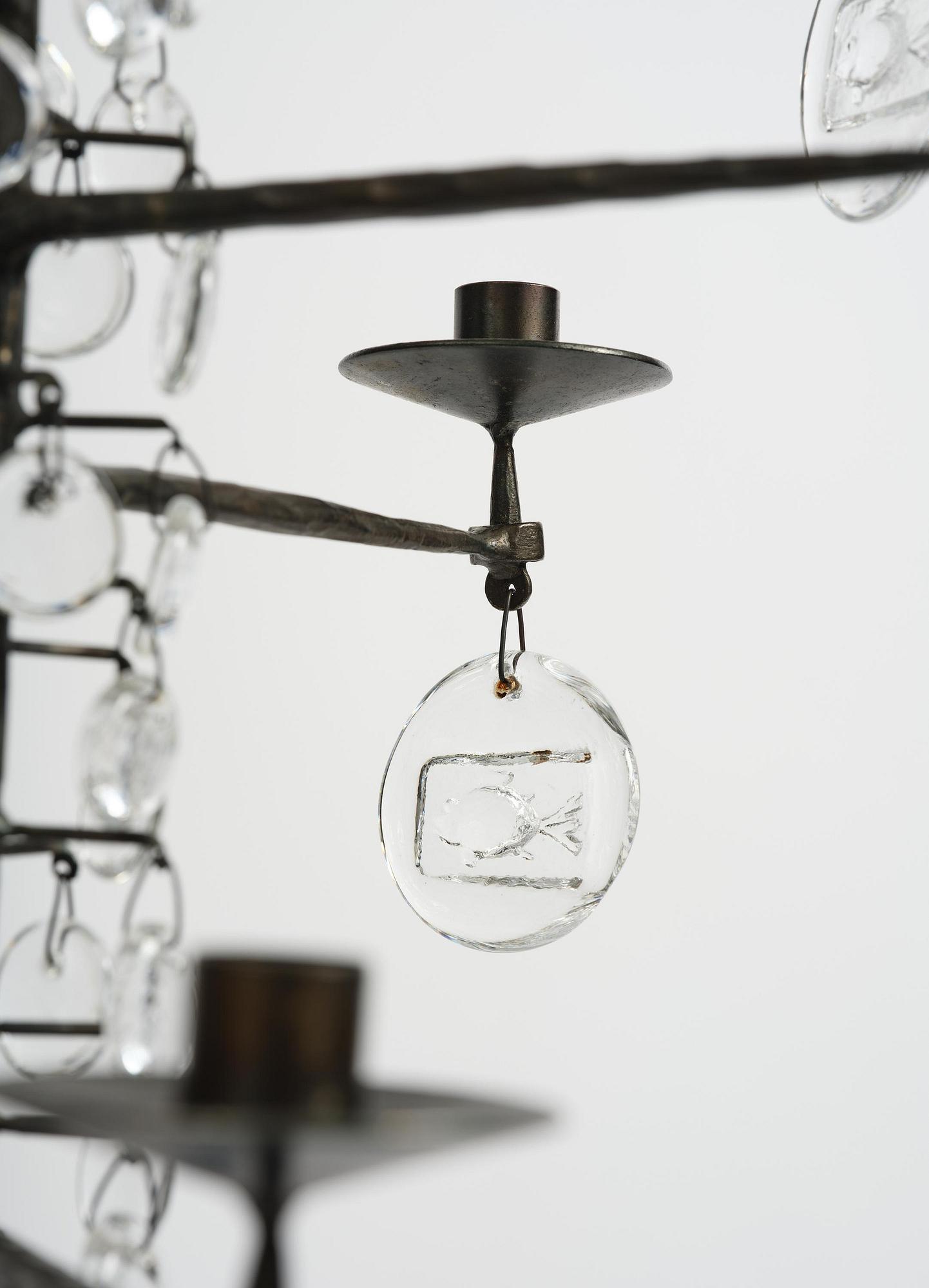 Erik Höglund, a wrought iron and glass chandelier, Boda Smide.