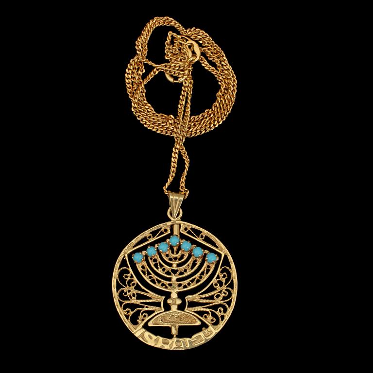 HÄNGE, 14k guld med 7 fasettslipade rosa safirer samt 7 turkoser med HALSBAND, förgyllt silver. Vikt 8 g.