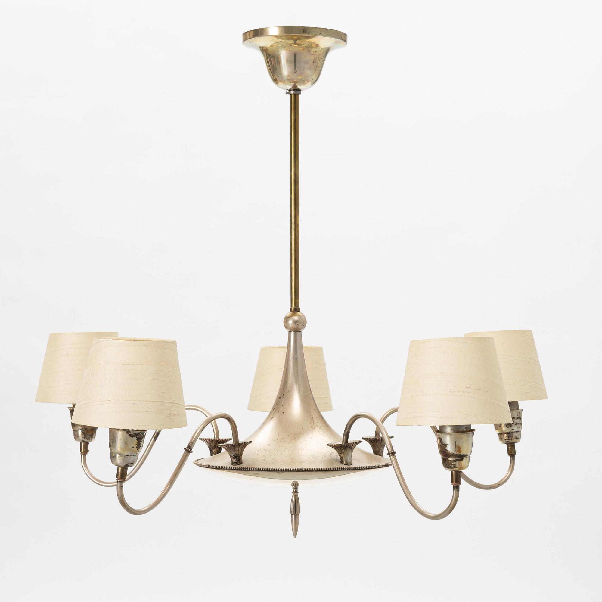 Elis Bergh, attributed, ceiling lamp, nickel silver, Swedish Grace, CG Hallberg, 1920s-30s.