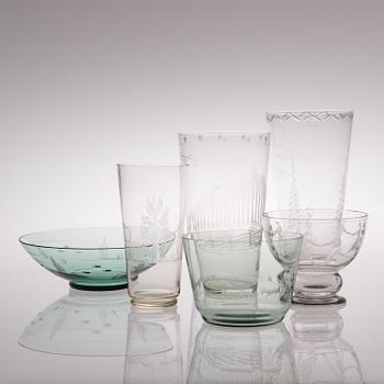 GÖRAN HONGELL, KONSTGLAS, 11 delar. Exportmodeller till USA. Signerade, Karhula 1930-tal.