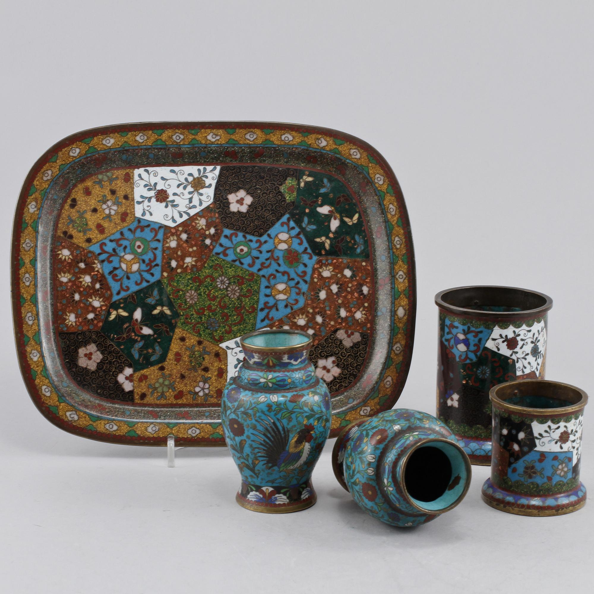 PARTI CLOISONNÉ, 5 st, orientaliska, 1900-tal.
