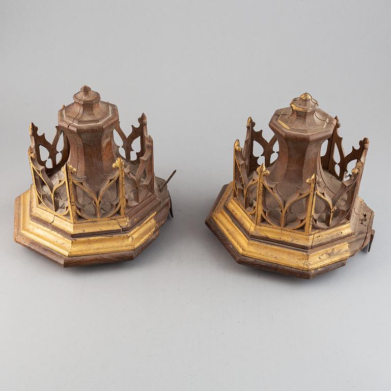 A pair of wooden neo-gothic wall shelves, mid 19th century.