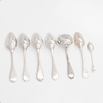 Six early 19th-century silver spoons, and a sprinkle spoon, mainly Tammisaari and Turku, Finland 1803-1820s.