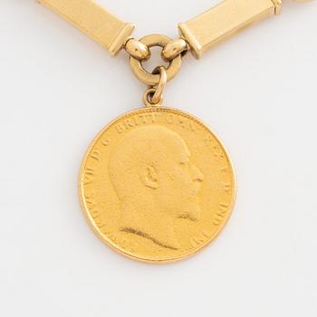 Bracelet 18K gold, Italy, with gold coin, sovereign.
