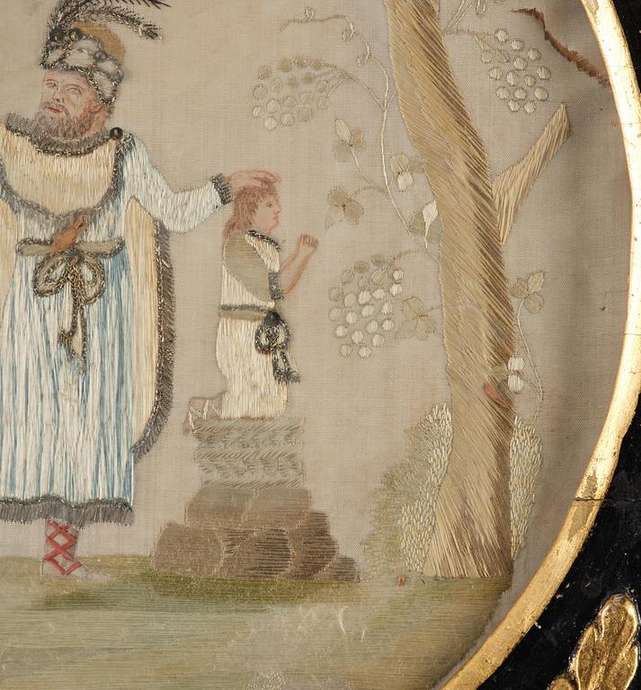 A late Gustavian frame and silk embroidery, dated 1802.
