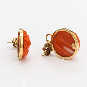 A pair of 18K gold and coral earrings. Italy.