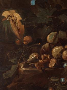 Michelangelo Pace da Campidoglio Tillskriven, Stilleben med frukter i ett landskap.