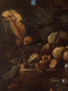 Michelangelo Pace da Campidoglio Attributed to, Still life with fruits in a landscape.