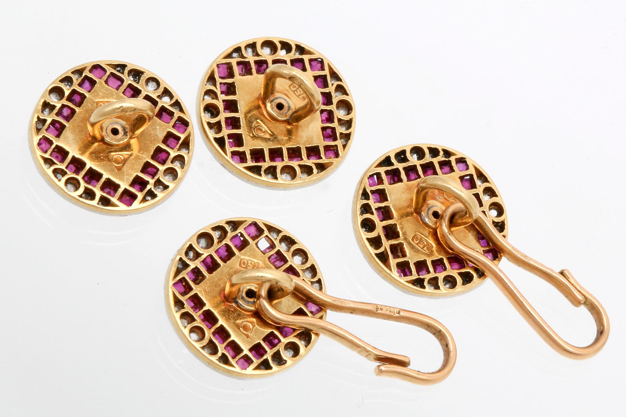 Cufflinks 18K gold, rubies, mother of pearl and rose-cut diamonds, French hallmarks, width approx 1 cm.