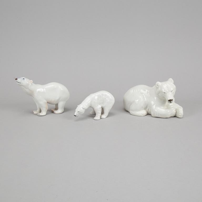 Royal Copenhagen, three porcelain polar bears, 238, 321 and 417, Denmark.