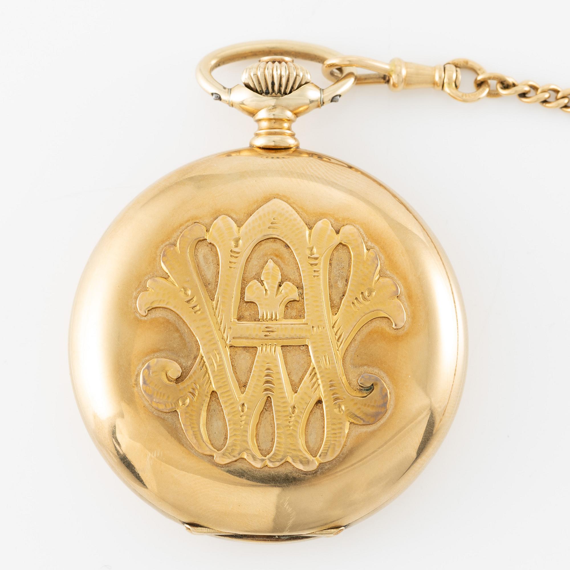 Zenith, pocket watch, 14K gold, hunter, with chain in 18K gold, 51.5 mm.