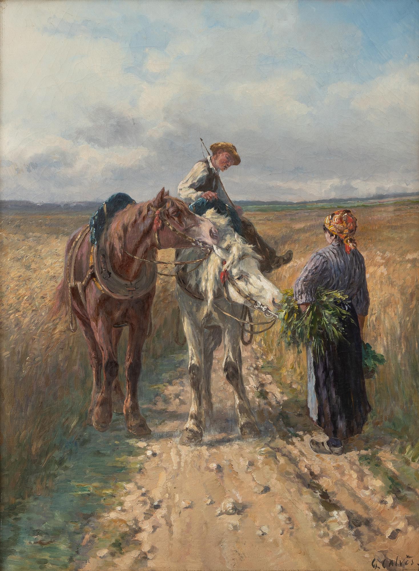 Léon Georges Calvès, Harvest motif with horses and two figures.