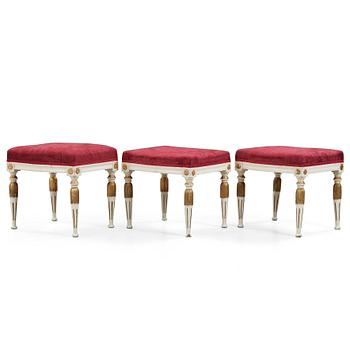 4. Three late Gustavian circa 1800 stools.