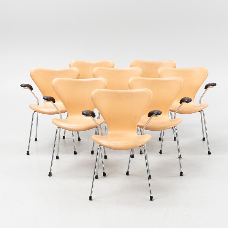 Arne Jacobsen, a set of eight "Series 7' armchairs, Fritz Hansen, Denmark, 1995.