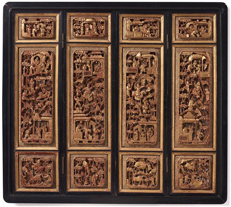 A set of four framed wooden panels, Qing dynasty, 19th Century.