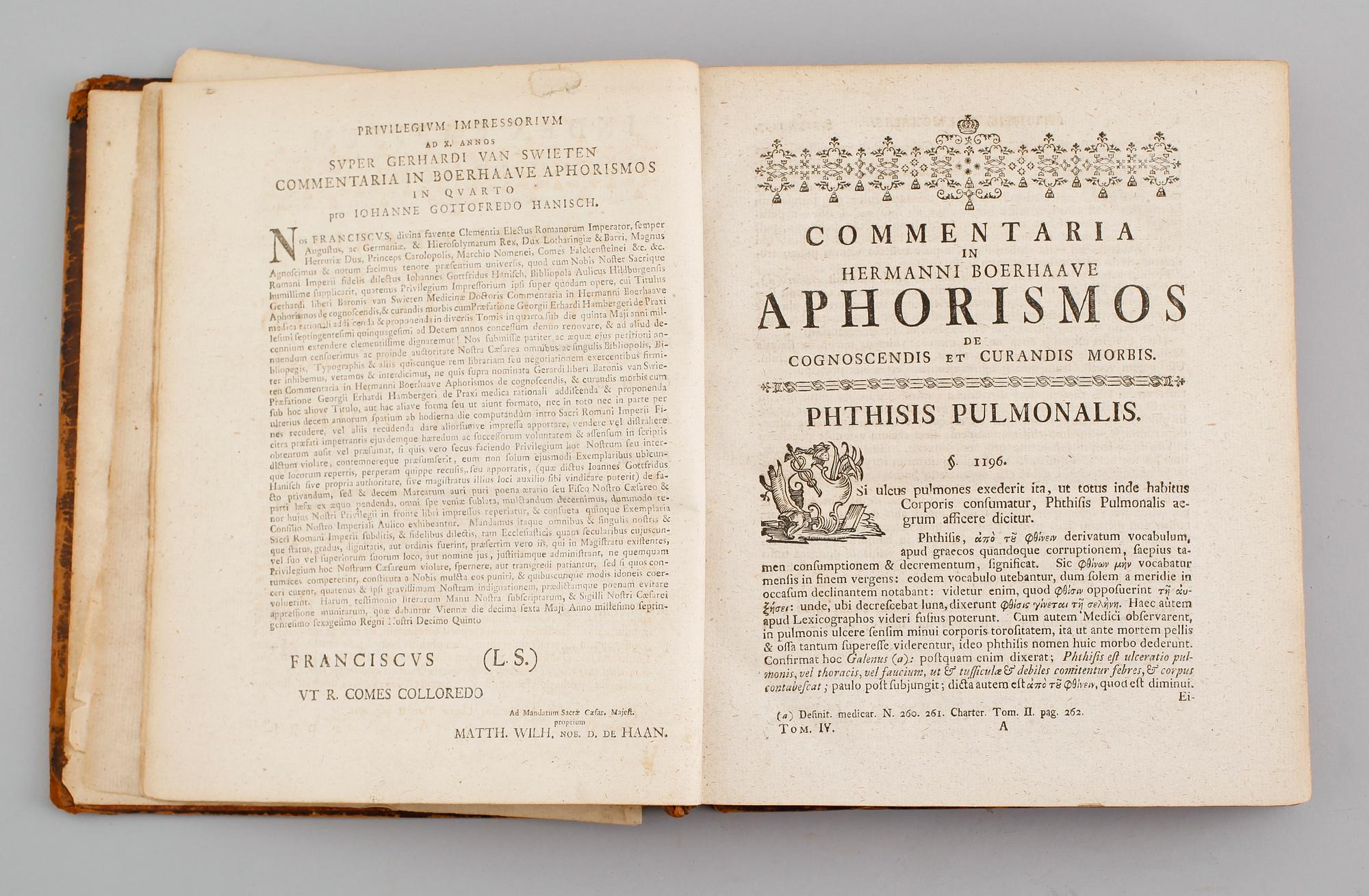 BOK, GERARD VAN SWIETEN, Commentaria in Hermanni Boerhaave Aphorismos de cognoscendis et cvrandis morbis.