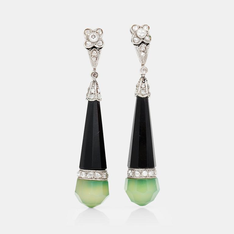 A pair of Art Deco onyx, chalcedony and diamond earrings. Circa 1930's.