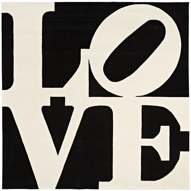 Robert Indiana, A CARPET, "White on Black", Chosen Love, hand tufted in 1995, ca 302 x 305 cm, Robert Indiana.