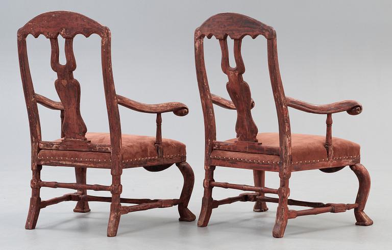 A pair of Swedish late Baroque 18th century armchairs.