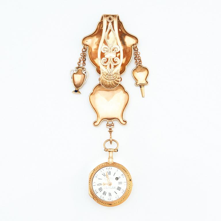 Chatelaine med fickur, 18K guld , emalj och stenar, Paris efter 1838, Louis XVI-stil.