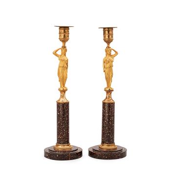 514. A pair of late Gustavian circa 1800 porphyry candlesticks.