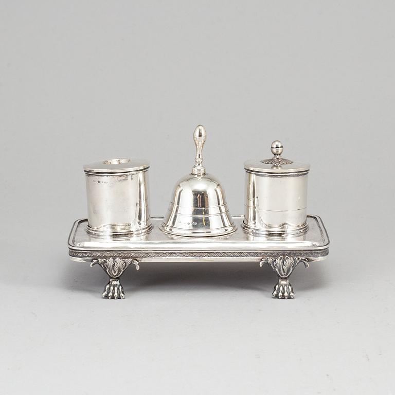 A Swedish 18th century silver writing-set, mark of Gustaf Åkerman, Stockholm 1824. Table bell marked PZ, Sthlm 1796.