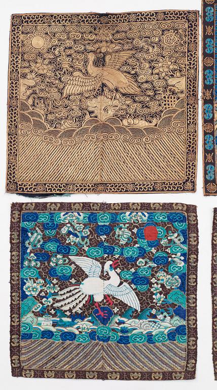 RANK BADGES, 8 pieces, silk, so called Buzis. Around 28-33 x 29,5-33,5 cm each. China around 1900.