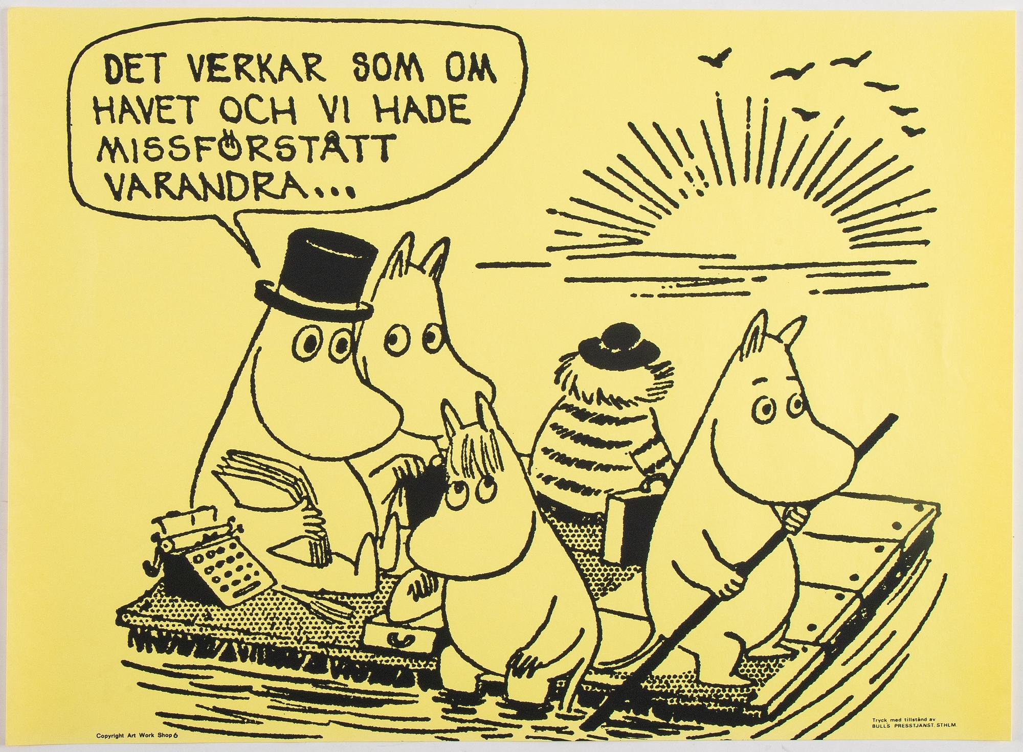Tove Jansson, six Moomin posters from Bull's Presstjänst, Art Work Shop, 1960's.
