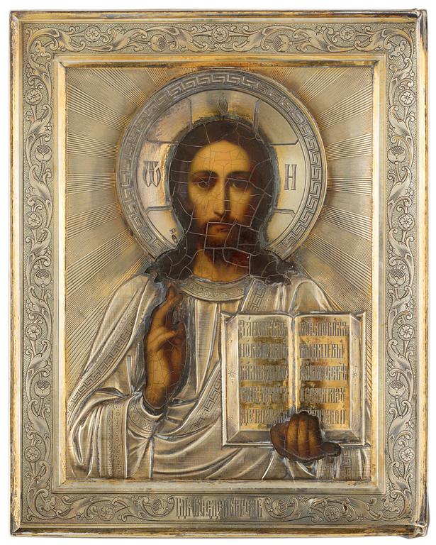 IKON, av Ivan Chlebnikov, Moskva 1908-1917. Hovleverantörsstämpel. Kristus Allhärskaren.