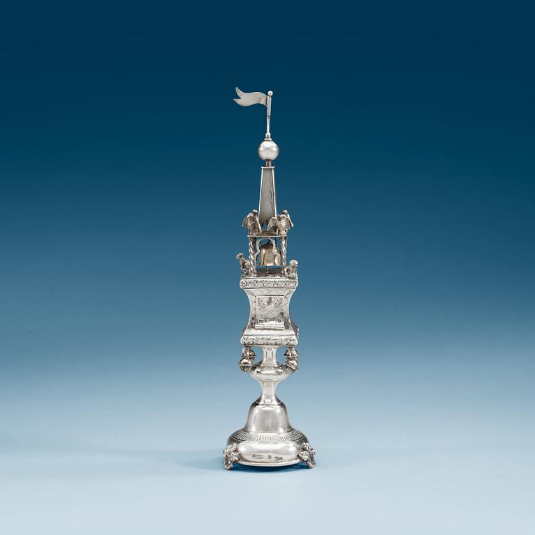 A Russian 19th century silver besamin-tower, makers mark of Swinarski, (St. Petersburg) 1876.