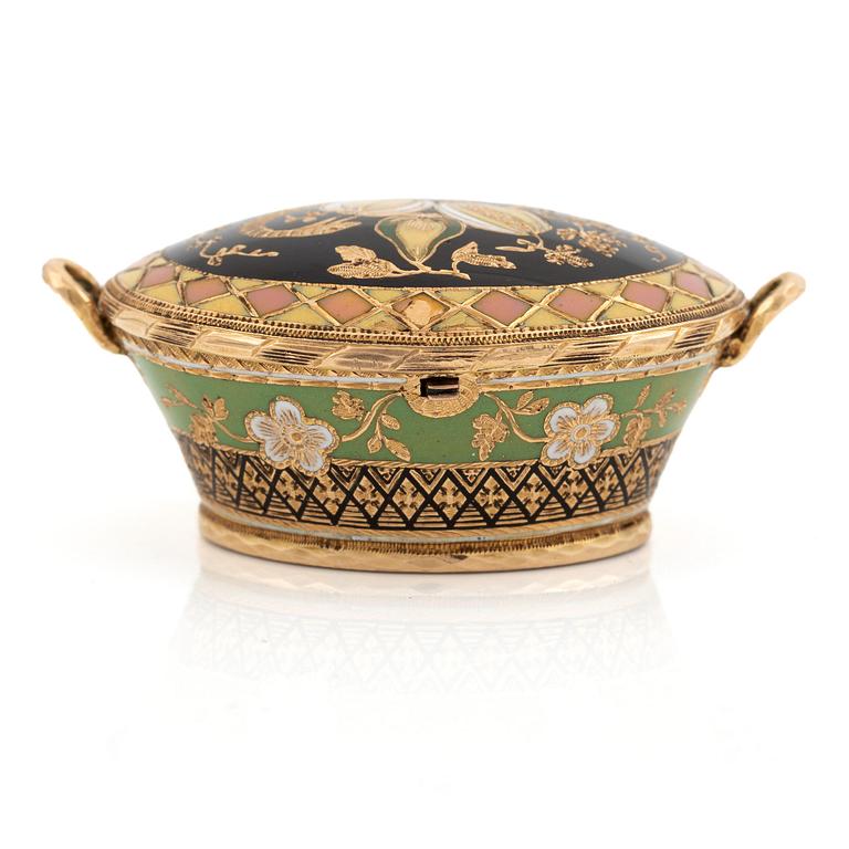 Fickur i form av korg, guld och emalj, Genève, Schweiz, tidigt 1800-tal.