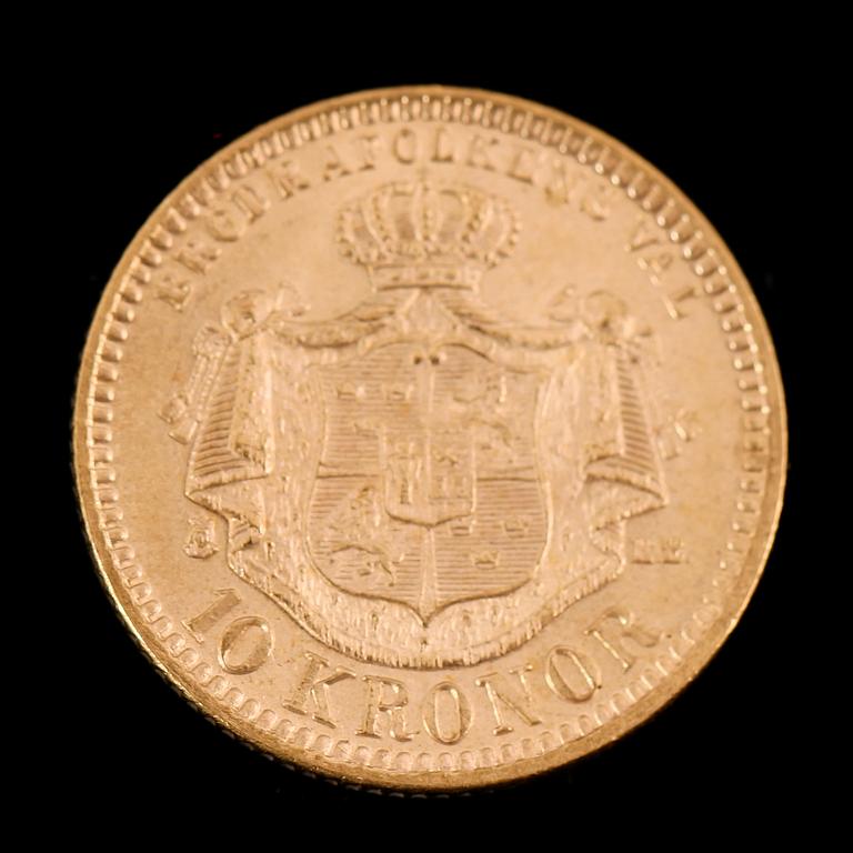 GULDMYNT, 10 kronor, Oscar II, 1894.  Vikt ca 5 gram.